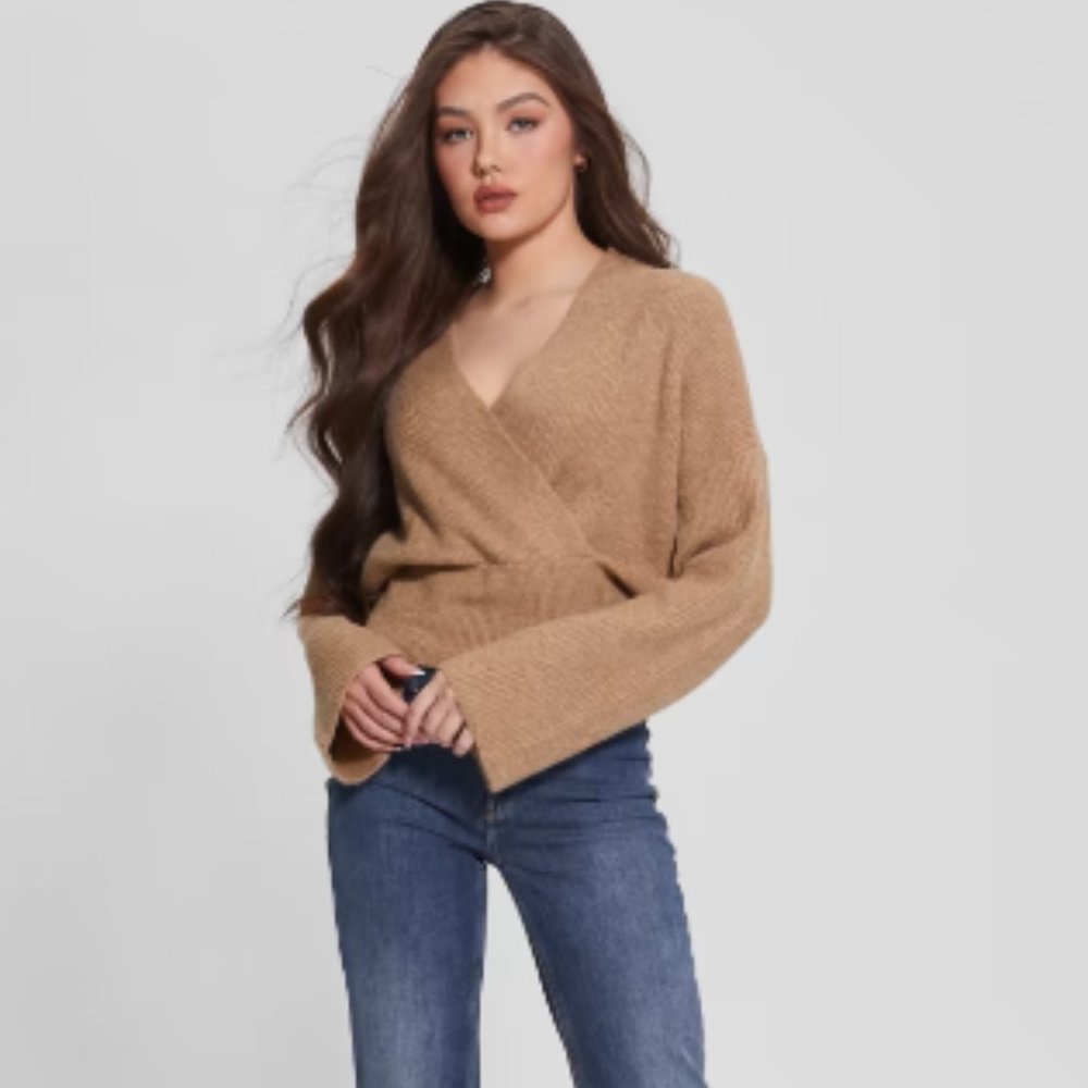 Guess Nora Wrap Sweater Camel Size Small NWT - Picture 5 of 9